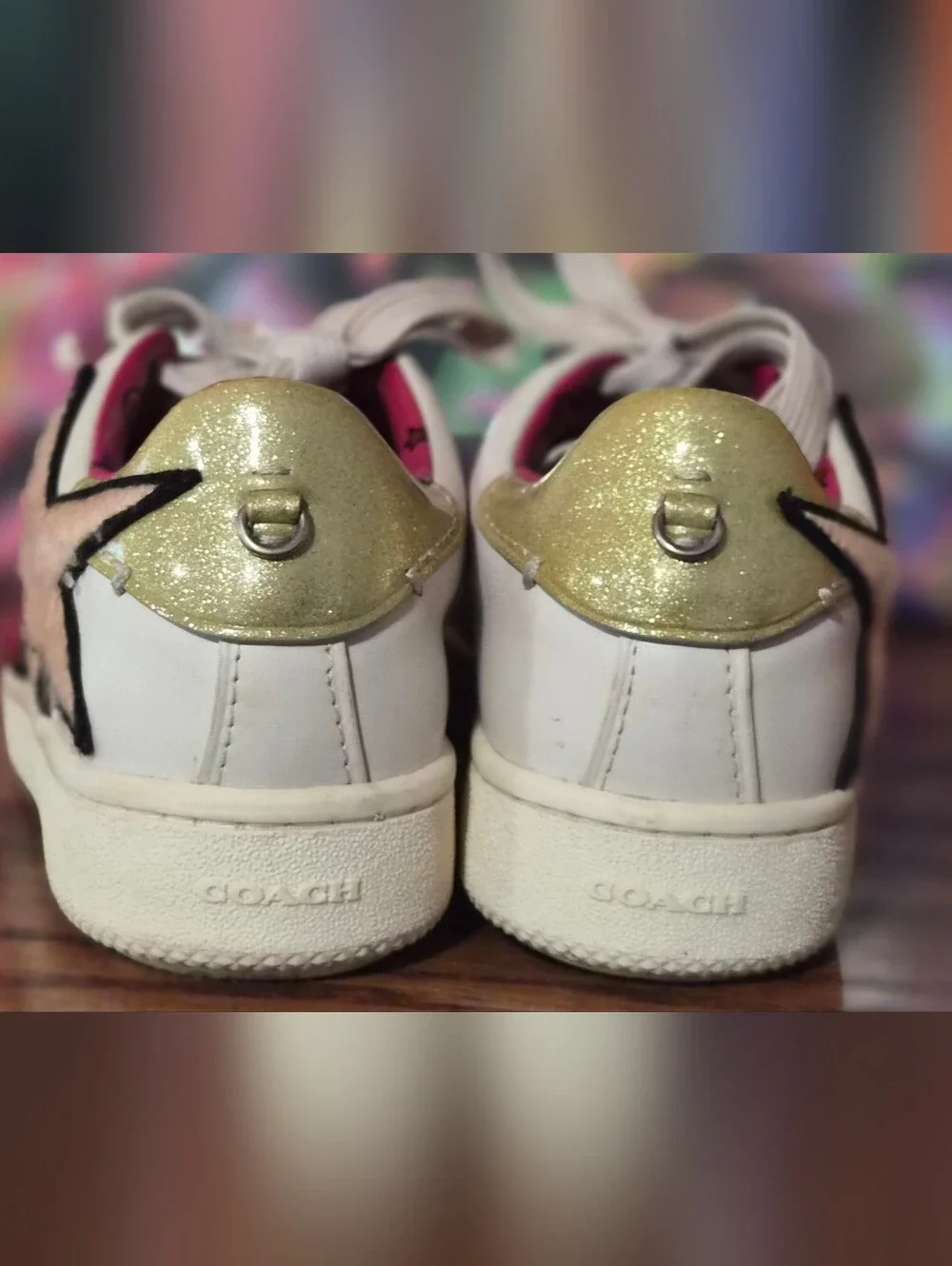 Coach White Sneakers with Pink & Gold Star Appliqués
